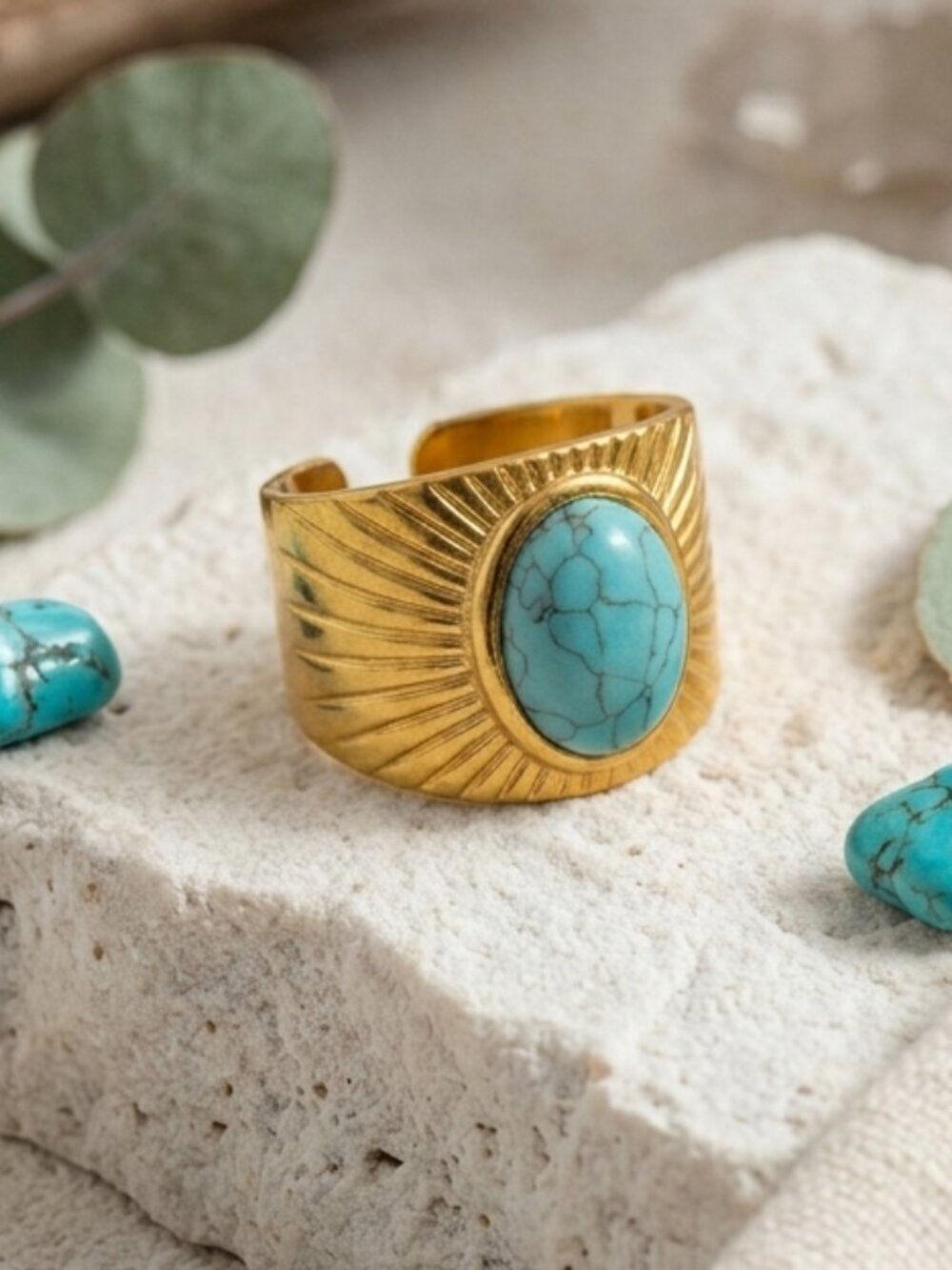Boho Desert 14K Gold Plated Turquoise Sunburst Wide Band Adjustable Ring
